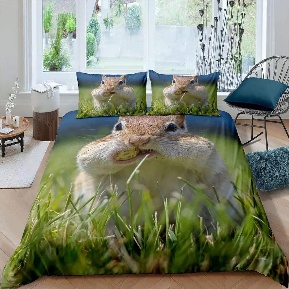 Cute Squirrel Duvet Set 3D Animal Theme Bedding Set Three-Piece Set