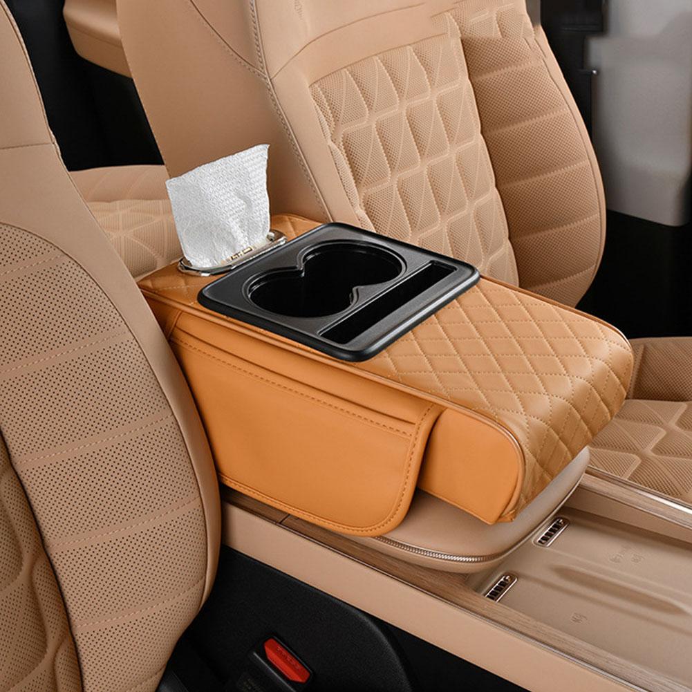 Car Center Console Cover Universal PU Leather Car Armrest Storage Double Cup Holder Middle Console Cushion Organizer Box