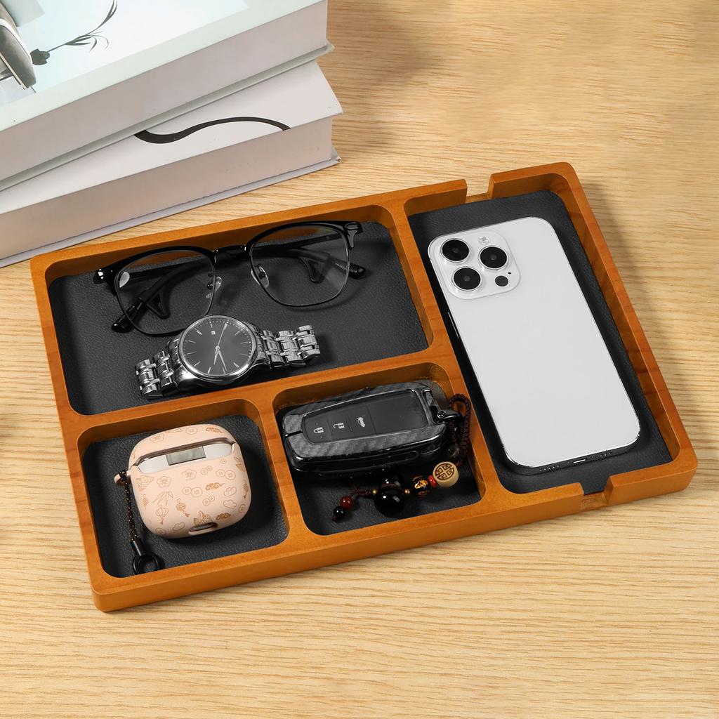 Wooden Office Desktop Storage Box Valet Tray with 4 Compartment Solid Wood for Glasses Mobile Phone Earphones Sundries Organizer