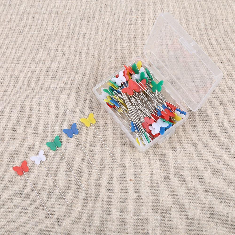 300PCS Colored Head Flower Button Head Pins Flat Button Flower Shaped Flat Head Straight Pins Storage Box Butterfly Shaped