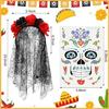 Day of The Deads Costume Sugar Skull Costume Flower Headbands Fishnet Thigh High Socks Gloves Roses Temporary Tattooed