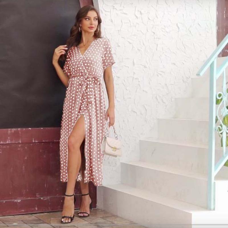 Summer Short Sleeve V-neck Bohemian Polka Dot Print Dress