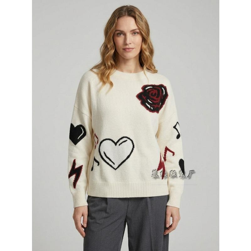 Women Loose Knit Long Sleeve Heart Jacquard Crew Neck Sweater