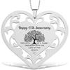 45th Anniversary Ornament - Stainless Steel Heart with Engraved Family Tree Design, Sapphire Wedding Hanging Keepsake, Romantic 45 Year Marriage