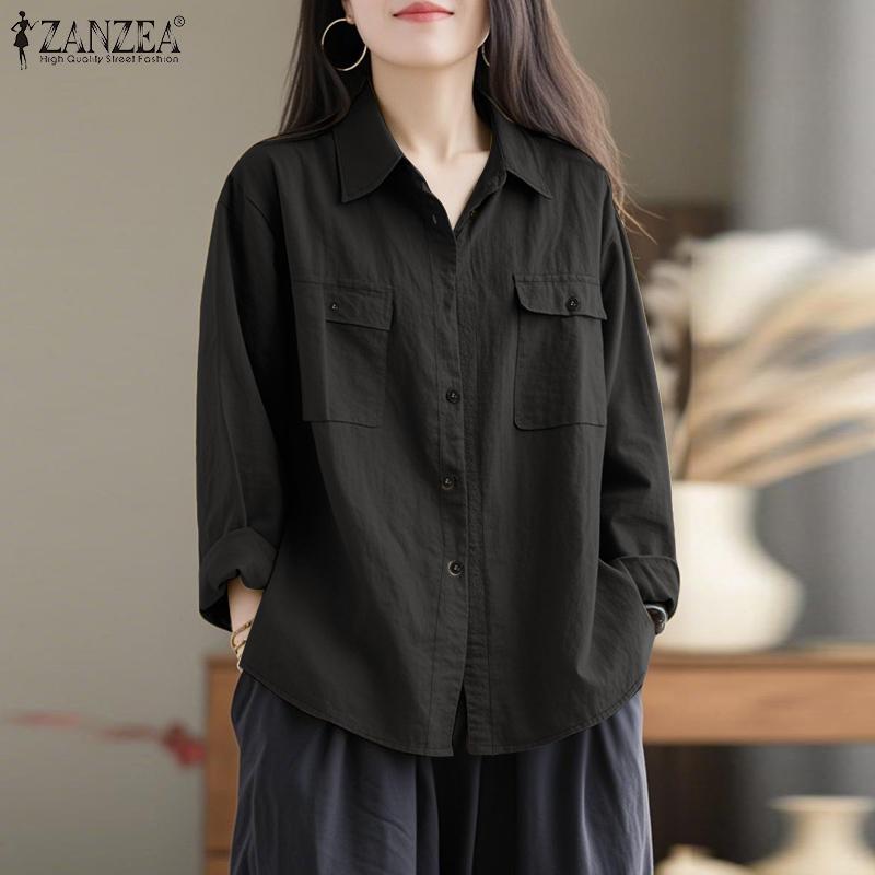 ZANZEA Women Casual Turn Down Collar Loose Long Sleeve Blouse
