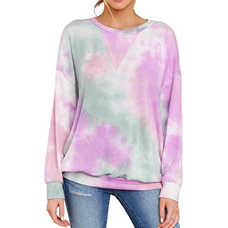Latest Womens Top Tie-dye Long-sleeved Round-neck T-shirt Sweatshirt XXL фиолетовый