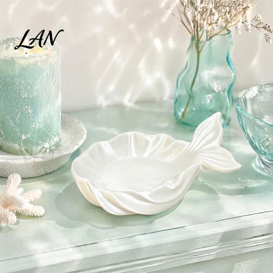 Pearlescent Makeup Tray Fishtail Jewelry Storage Tray, Large Capacity Groove Design, Milky White Vanity 3D Printing Desktop Ornament, for Rings