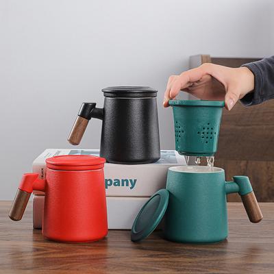 Schwarzes Keramik-Teetassen-Set mit Holzgriff und Deckel, Persönliche Tasse, Büro-Tasse mit Teefilter