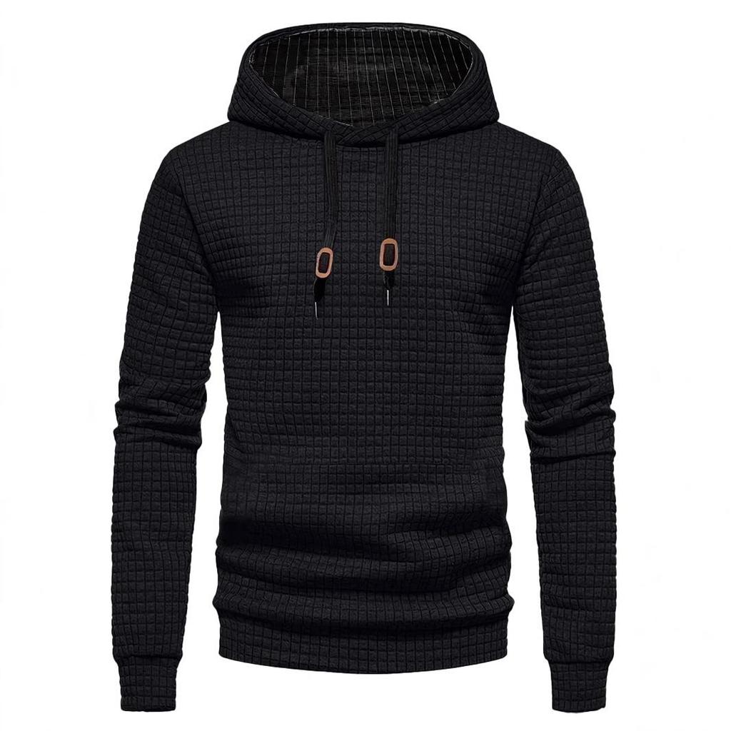 European Long Sleeve Hooded Men's Hoodie with Drawstring Jacquard Checkered Patchwork.