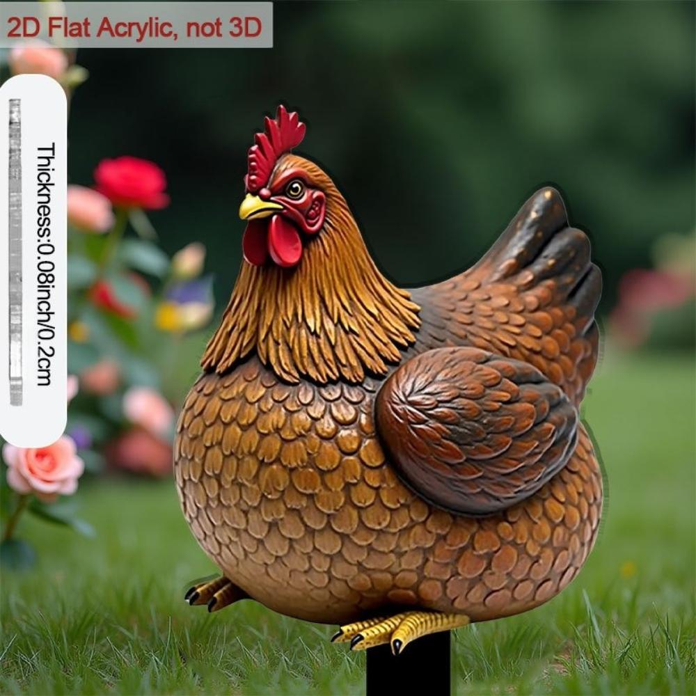 Scultura da Giardino Gallo Piatto 2D Marrone, Decorazione Pollo in Acrilico con Occhi ed Zampe Espressive, Ornamento Interno Esterno Per Fioriera Patio Balcone