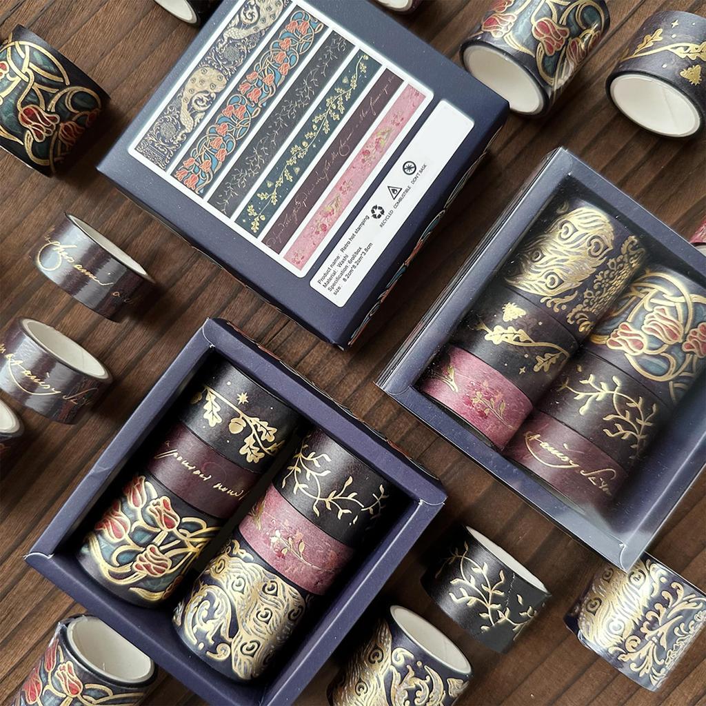 YUBX Masking Tape Vintage Washi Paper Tape with Gold Foil and Retro Pattern Perfect for DIY Gift and 6-Piece Set - Crafts, Journals, Planners,