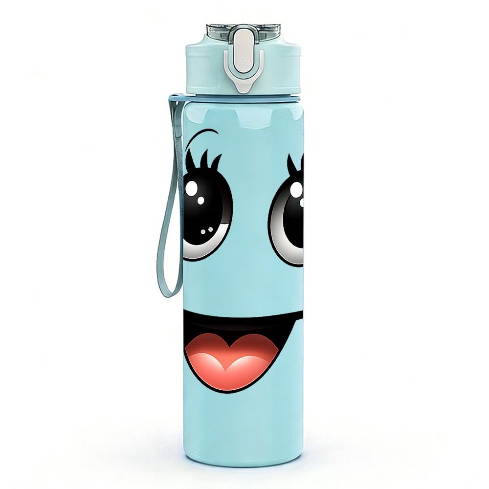 1PC Big Eyes Tongue Out Funny Cartoon Face Print 750ml Color Plastic Sports Water Bottle Leakproof Flip Straw Lid Suitable for Sports Office Home Use