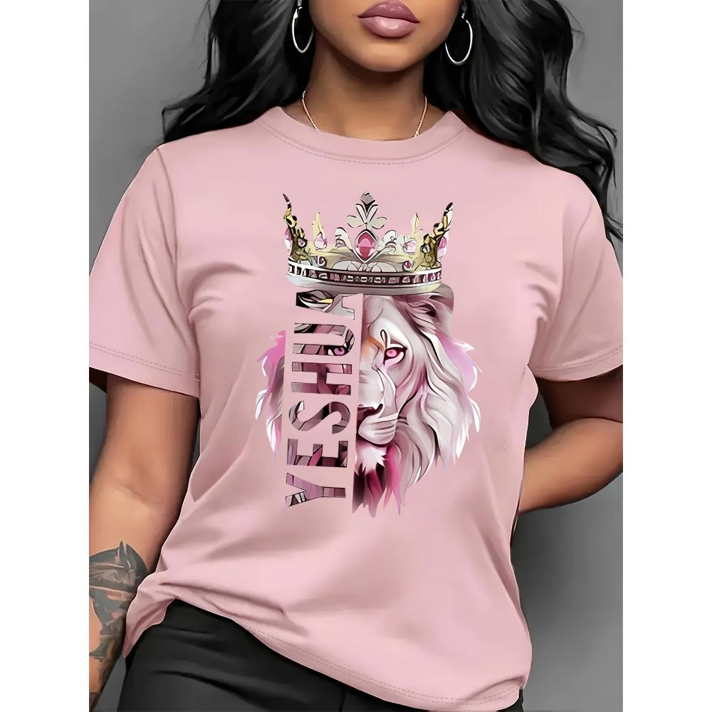 

Off on Blue Lion King Crown T-Shirt Casual Round Neck Short Sleeve Top Women s Clothing Vibrant Geometric Design Casual Trend S