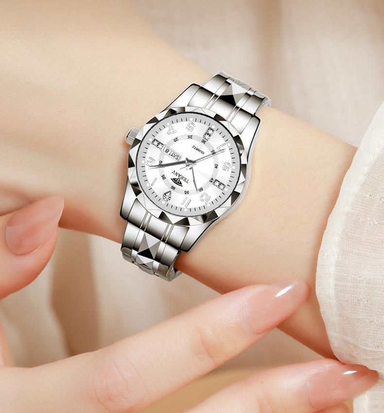 Rhombus Ladies Dual Calendar Waterproof Luminous Wristwatch with Solid Strap - Fashionable Gift for Women