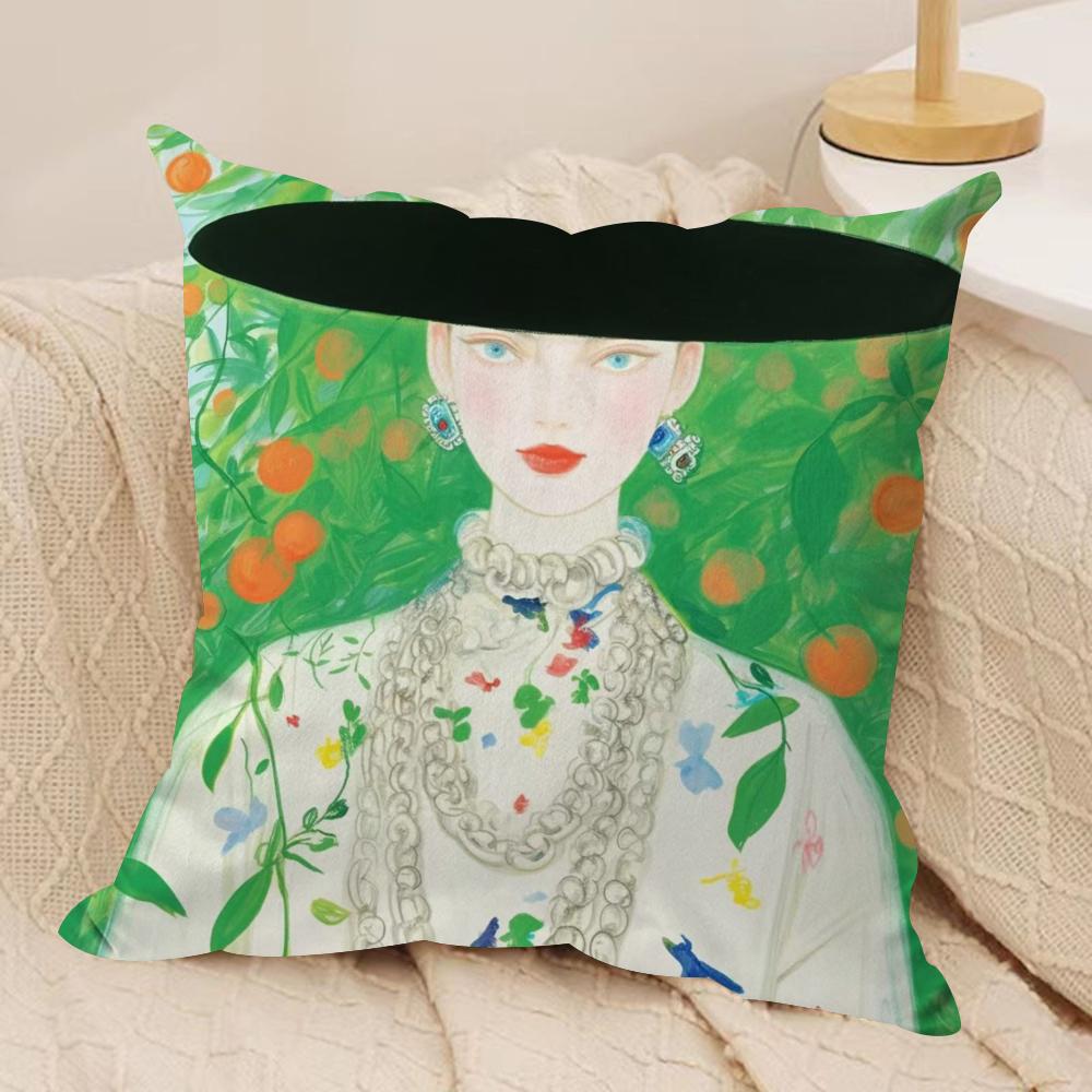Fashion Illustration Cushion Cover Soft Plush Fabric Double-Sided Printed Sofa Cushion Cover for All Seasons Home Decor Gift