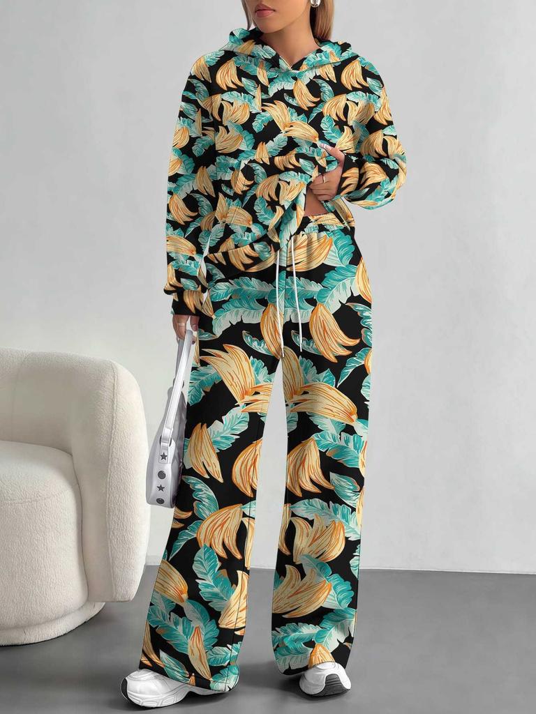 European and American Autumn and Winter Casual Long-sleeved Suit Women's Hooded Sweater Trousers Two-piece Set Retro Elements