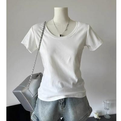 Pure U-neck Simple Classic Top Summer Slim and Thin Korean Versatile Front Shoulder Short Sleeve Leaking Collarbone Pink T-shirt