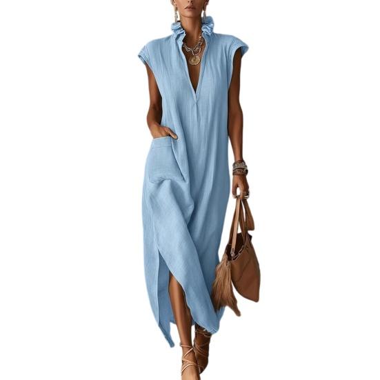 

Women Stand Collar Sleeveless Dress Deep V Neck Side Slit Tunic Dress Casual Vacation Long Dress with Pockets XXXL