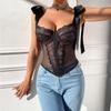 Summer Lace Flowers Embroidery Lingerie Women Tight Corset Sexy Mesh Breathable Fish Bone Shapewear Bow Sling Low Collar Tops