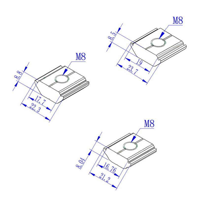 5pcs 21.2mm 22.3mm 23.7mm Solar Panel Mounting Aluminum Alloy Bracket End Mid Clamp T-Blocks Square Nuts M8 T-Sliding Nut