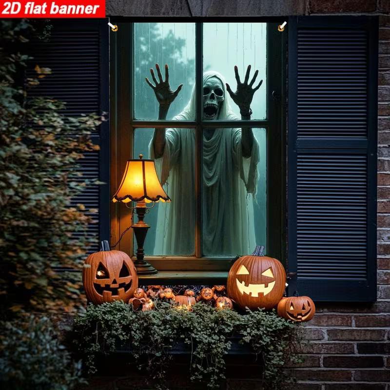 2D Halloween Ghost Skeleton Window Banner, Scary Party Door Decoration
