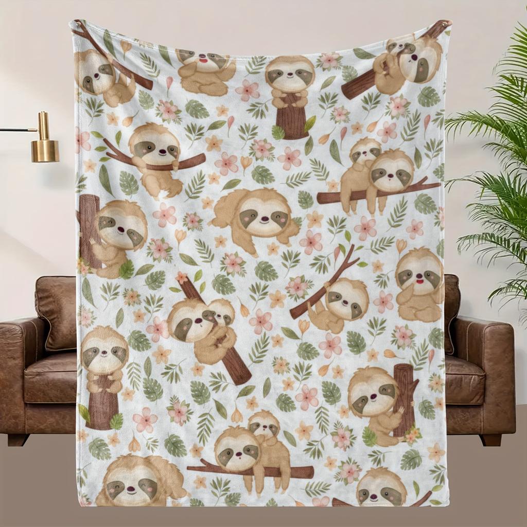 Cute Sloth Pattern Flannel Blanket White Base Green Leaves Brown Branches Playful Cartoon Design