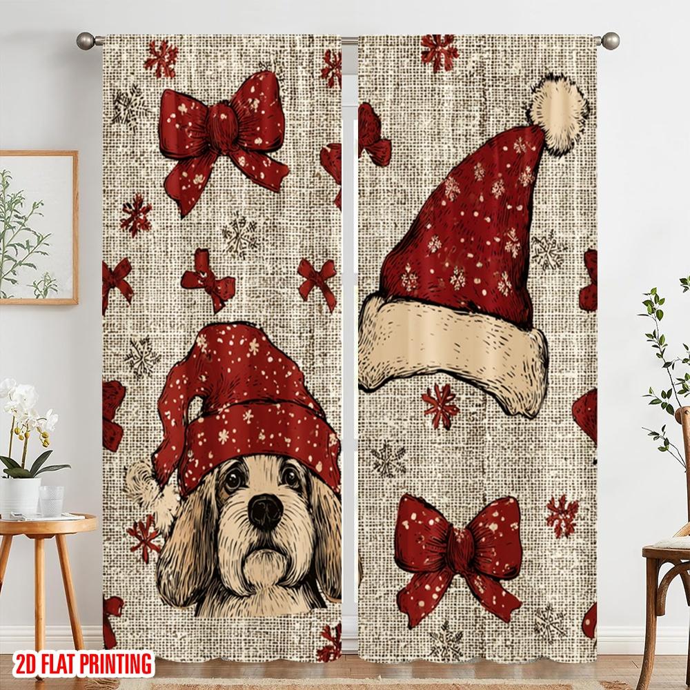 2pcs,2D Plane Printing Curtain Fabric Santa Hat & Scarf Versatile Polyester (without Rod) Decorations Outdoor for Various Room