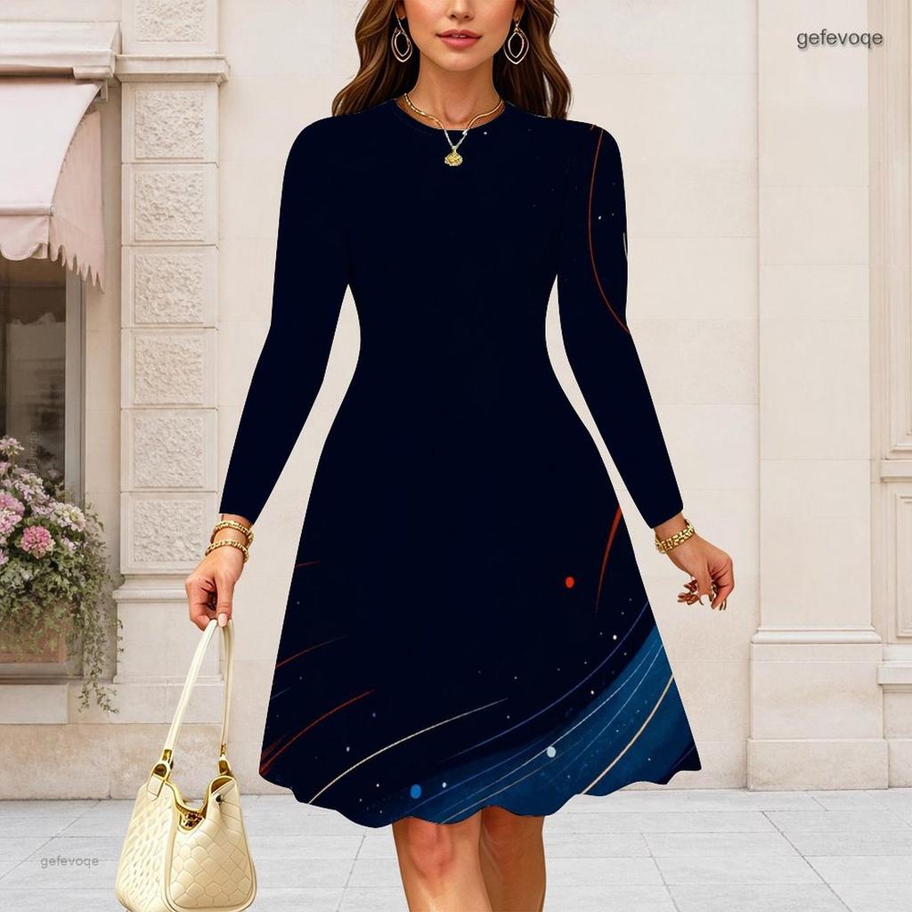 Women Plus Size Round Neck Long Sleeve Midi Dress Celestial Planet Star Patriotic Swirl Print High Waist Swing Dress