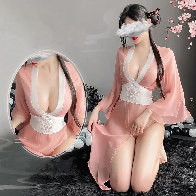 Women Sexy Lingerie Hanfu Dress Cosplay Costume Deep V Erotic See-through Pink Chinese Ancient Style Temptation Dresses