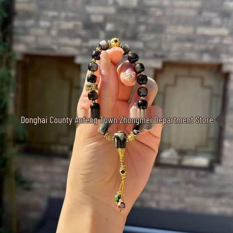 Vintage Obsidian  Agate Dzi Bracelet with Cloisonné Enamel Beads for Girlfriend Polished