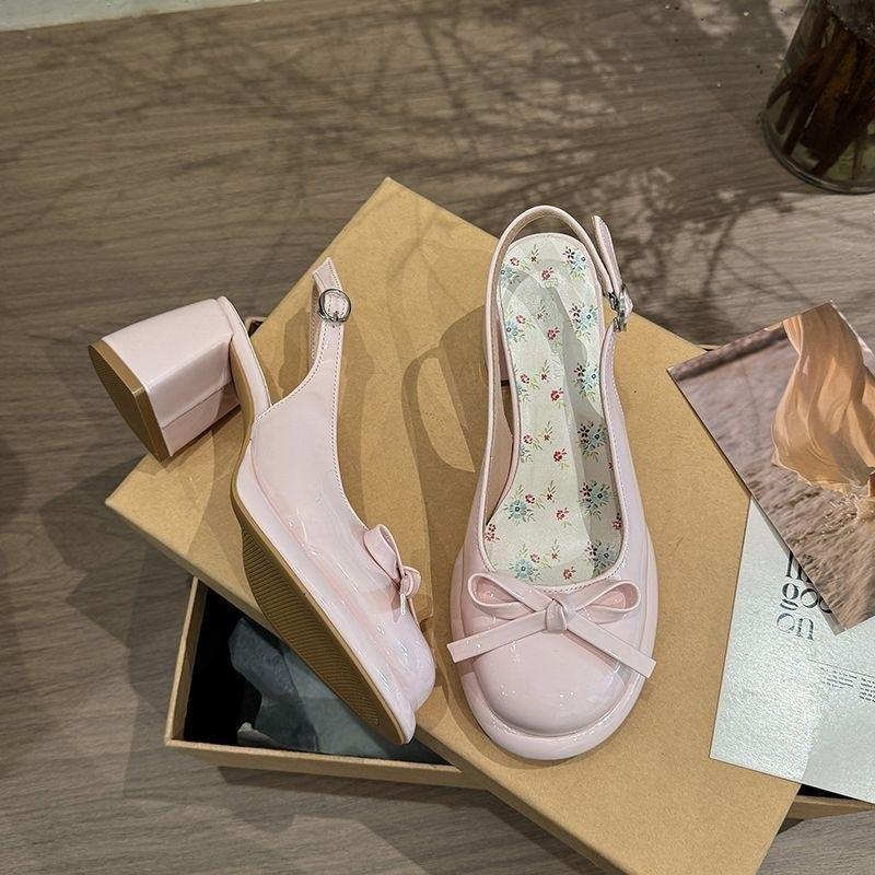 Thick heel empty Mary Jane single shoes women's summer new cool slippers bow high heels