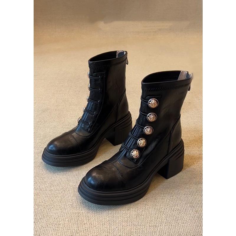 Sheepskin version~ Martin boots women's 2025 new British black round head badge small gold buckle rear zipper high heel short boots