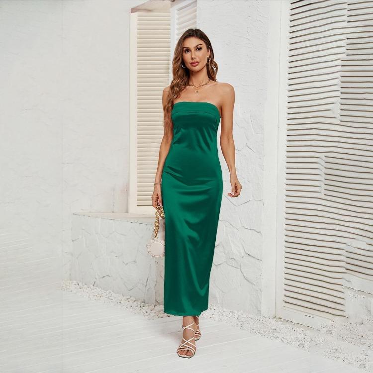 Women Solid Backless Bustier Dress Sleeveless High Waist Ankle Length Design Sense