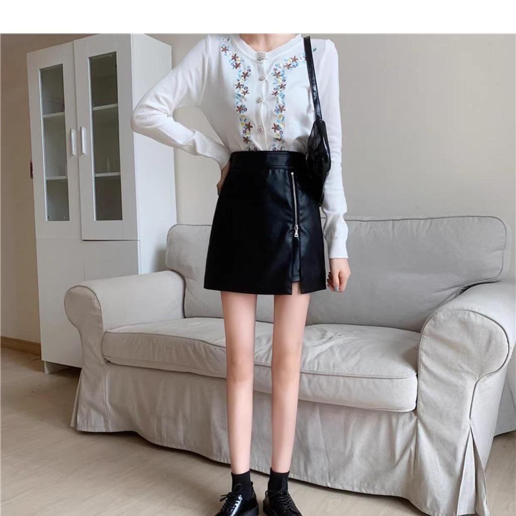 2025 Autumn/Winter Black High-Waisted PU Leather Bodycon Skirt – Women's Slimming A-Line Midi Skirt