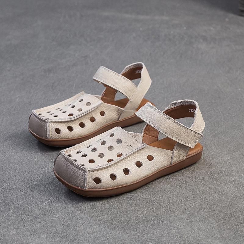 

Johnature Дышащие удобные сандалии из натуральной кожи с плоской подошвой из коровьей кожи в стиле ретро для поездок на работу 40 бежевый