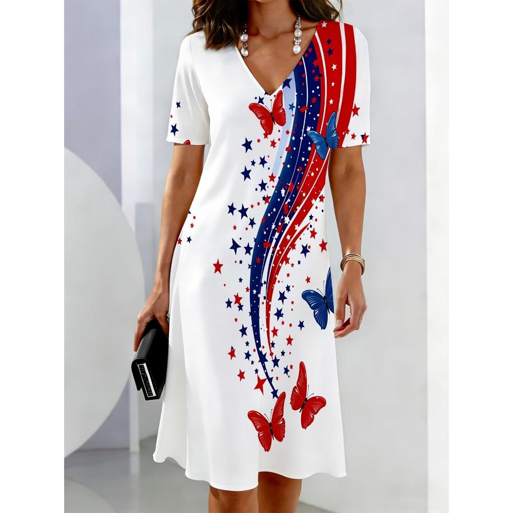 Ladies Summer V-Neck Short Sleeve 3D Floral Stripe Star Print Dress Colorful Casual Party Dress for Women