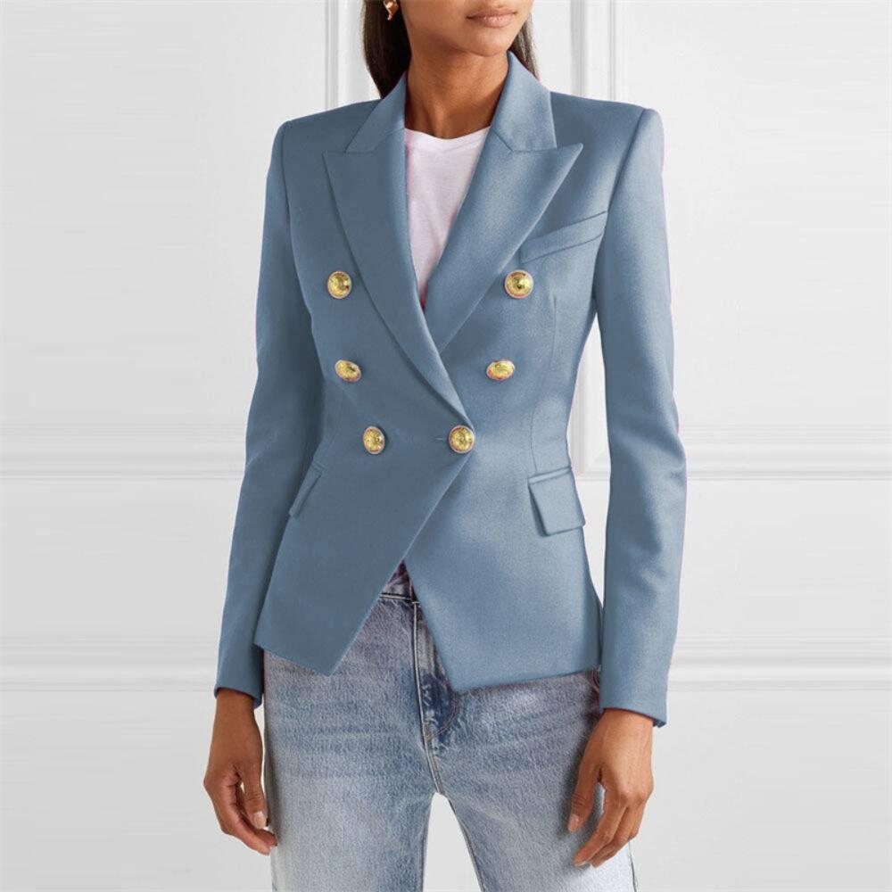 Women's Lapel Double Breasted Blazer Solid Color Long Sleeve Slim Fit Formal Business Short Suit Jacket