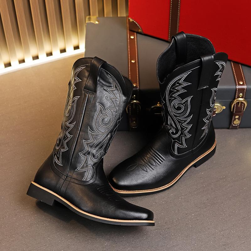 Cheap 22 Western Cowboy Boots Square Head High Top Vintage Martin Boots Embroidered Locomotive Boots