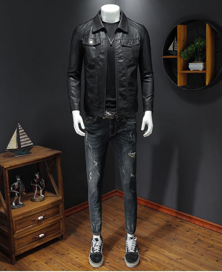 Men's Slim Fit PU Leather Motorcycle Jacket - 2024 Spring/Autumn Korean Style with Fleece Lining