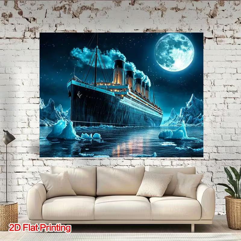 Marynistyczny gobelin Titanic, Nocny, oświetlony księżycem ocean z tłem gór lodowych, 120x80cm Tematyczna sztuka ścienna do domu