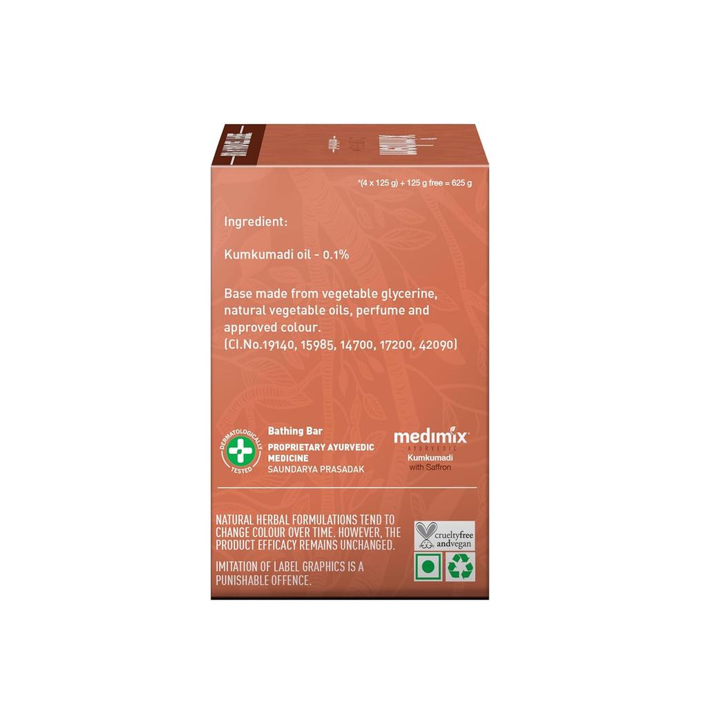 Medimix Ayurvedic Kumkumadi Bathing Soap Bar With Saffron For Radiant Glow & Moisturised Skin | Natural Herbal Paraben-Free Vegan | 125Gm X 5 Soap