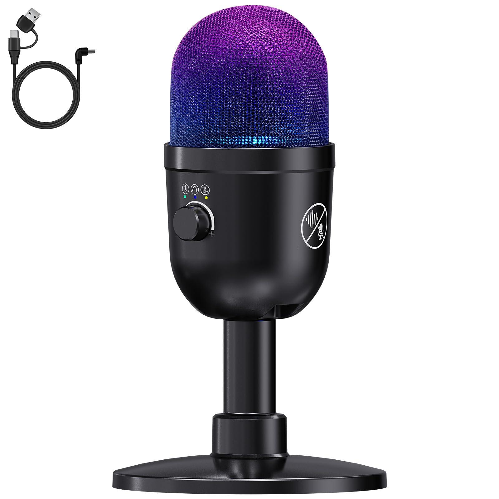 

USB Condenser Microphone for Desktop Noise Cardioid 8 RGB 16mm Microphone Silent Reverb for Live and Singing PCs, 192kHz/24-bit Recording, Dual-Stage чорний