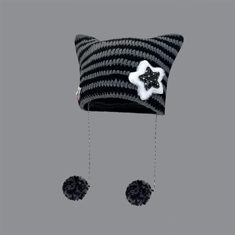 Abi Wind Handmade Cute Five-Star Cat Ears Striped Devil Warm Hat Knitted Ball Wool Hat Female