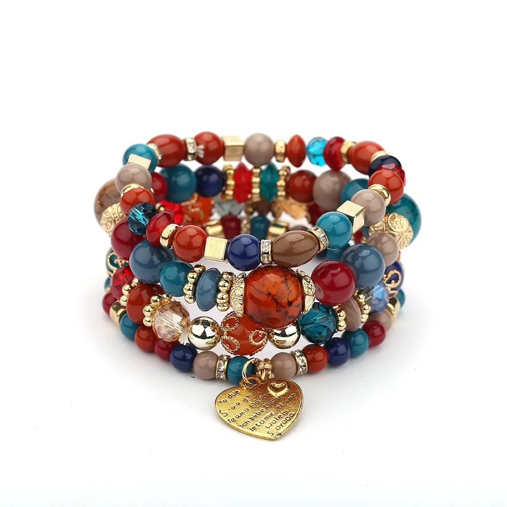 4Pcs Boho Crystal Beads Chain Bracelet Set For Women Vintage Heart Charm Elastic Bangle Men Fashion Party Jewelry