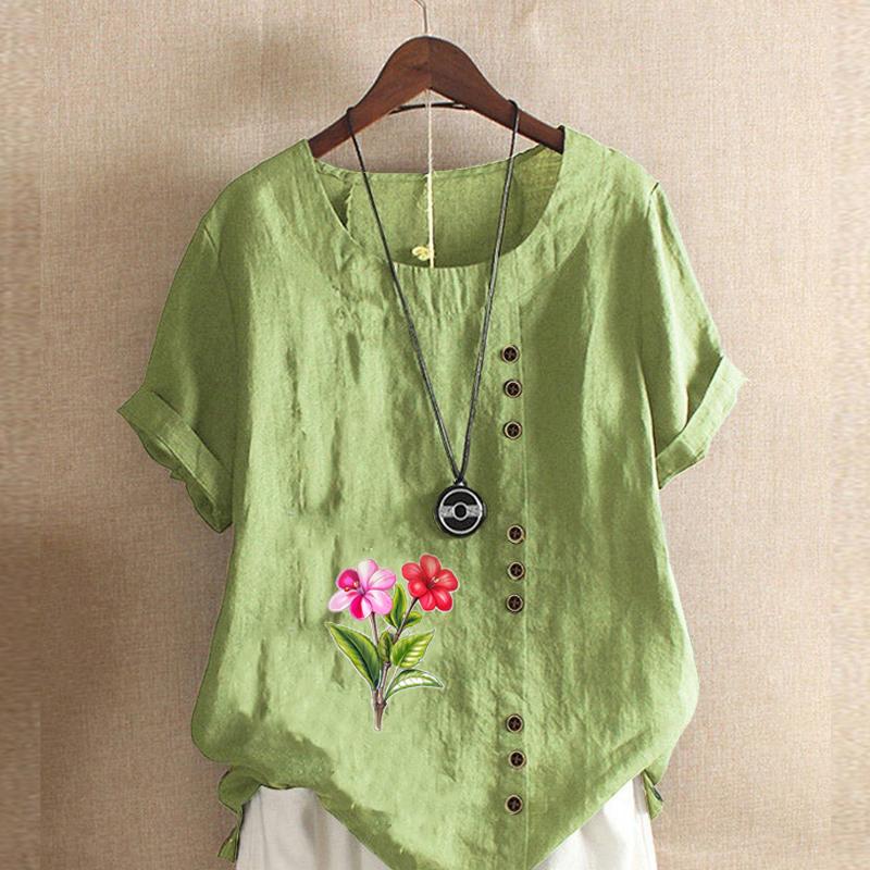 

Женская модная футболка с коротким рукавом с цветочным принтом, свободная хлопковая рубашка, повседневная свободная летняя блузка, топы больших размеров 5XL зелёный