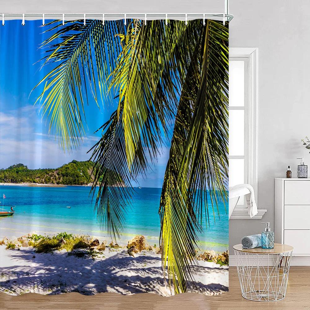 Seaside Beach Shower Curtains Summer Vacation Coconut Trees Seascape Sea Scenery Bathroom Decorations Polyester Bath Curtain