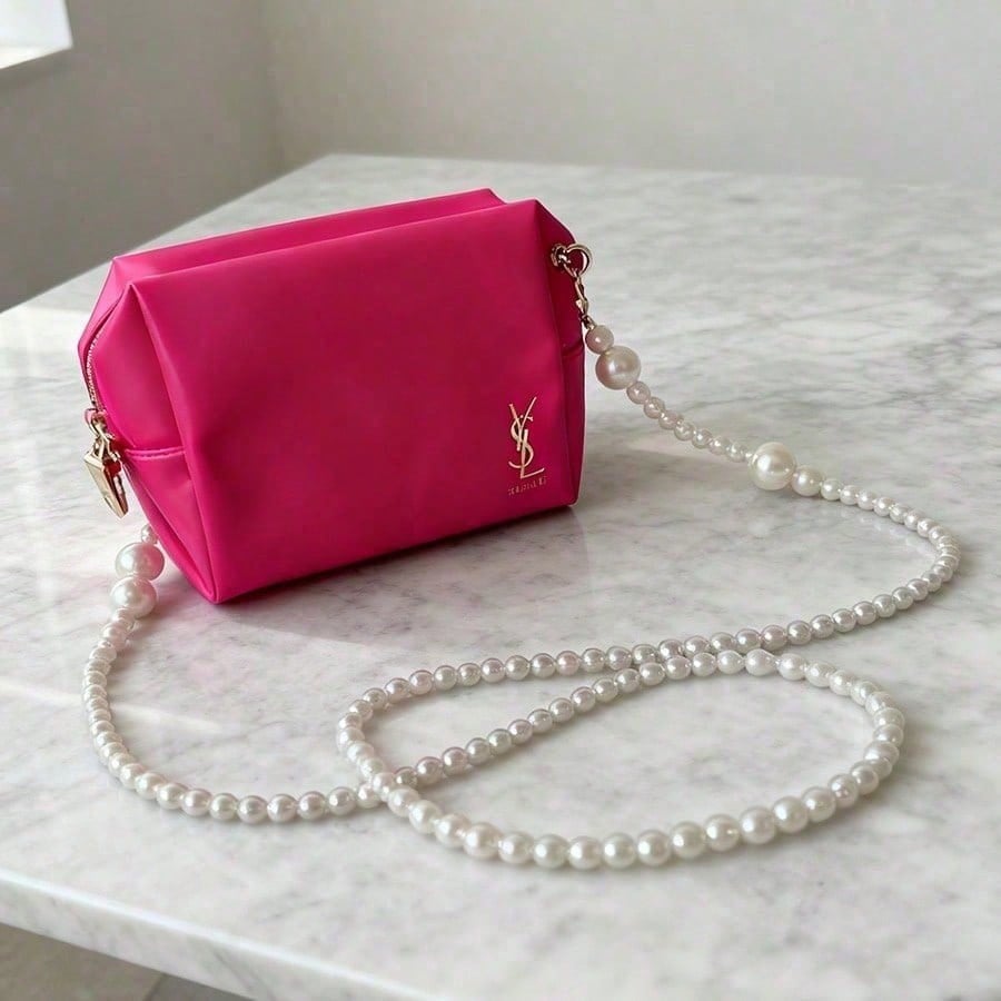 Barbie Pink Cosmetic Bag - Pearl Decorated Crossbody Bag, Luxurious Cosmetic Storage Bag