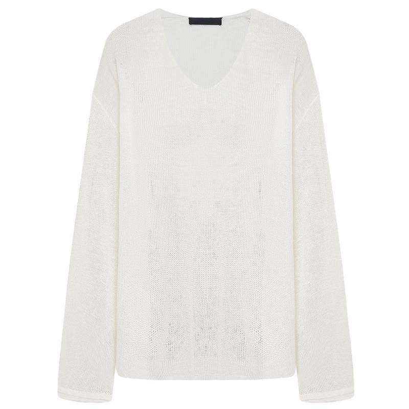 MO&Co. Lightweight Hemp Blend V-Neck Relaxed Knit Top L