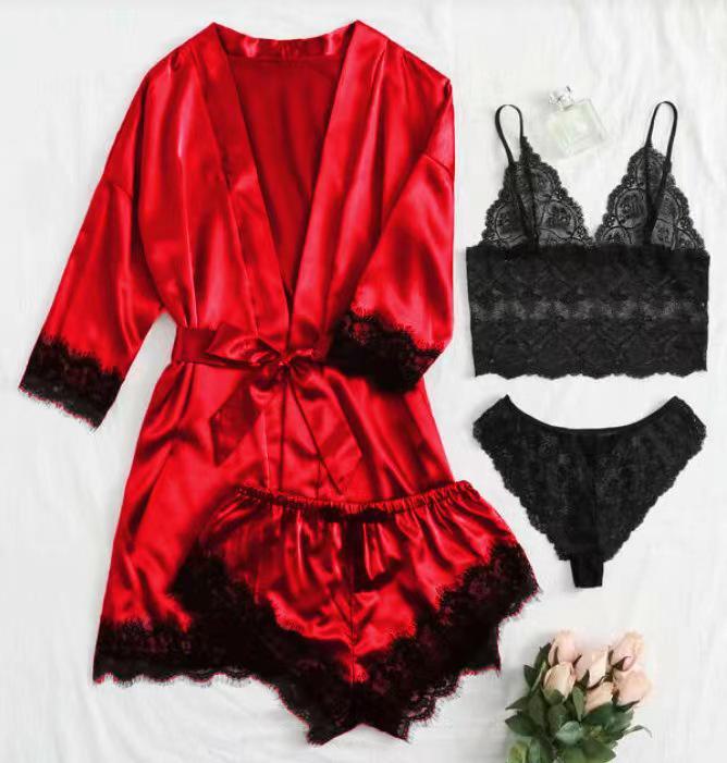 European and American Sexy Satin Pajamas 4-Piece Set - See-Through, Plus Size Loungewear