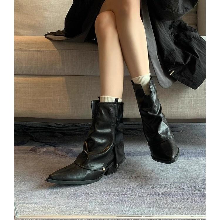 Cowhide version~ V-mouth boots pointed-toed pleated trouser tube boots western cowboy boots high-heeled Martin boots women's thick-heeled short boots
